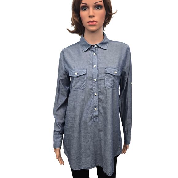 J. Crew Chambray Popover Tunic Shirt Women M Blue Long Sleeve Roll tab Button Up - Picture 3 of 12